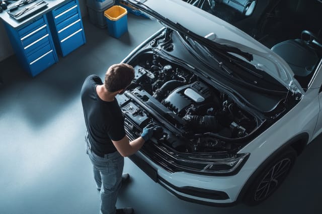 Overhead view of an auto mechanic inspecting the engine bay of a modern white luxury vehicle inside a clean, well-lit repair shop.